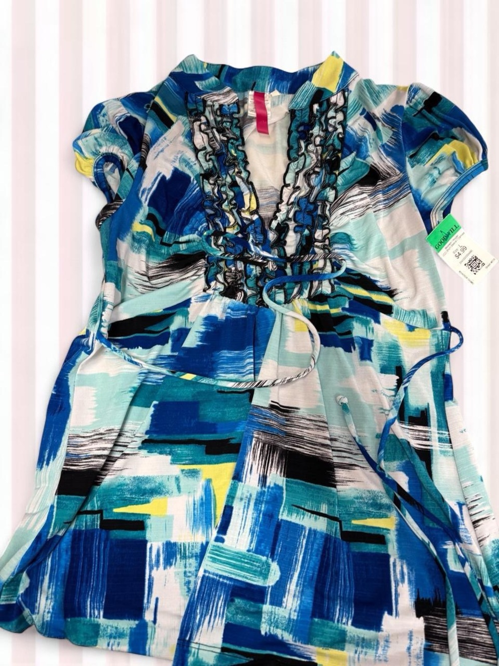 Heart Soul Blue Aqua Yellow Abstract Ruffle-Front Blouse